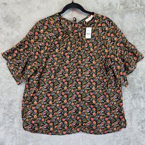 LOFT Blouse Womens Medium Black Floral Shimmer Short Sleeve Top Ruffle Spring